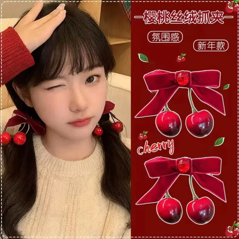 โบว์กํามะหยี่สีแดงเชอร์รี่กิ๊บหวาน อิน คลิปหน้าม้าหญิง