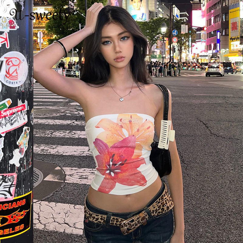 U-sweety ผู้หญิง 2024 ดอกไม้พิมพ์ปิดไหล่แขนกุด Slim Fit All Match Tube Tops