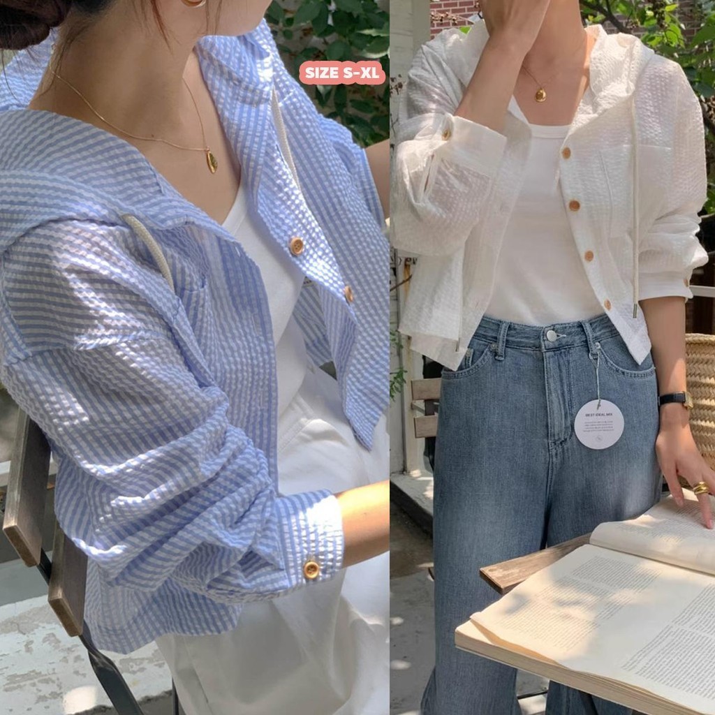 mimi&didi#เสื้อเชิ้ตคลุมด้วยผ้า สำหรับผู้หญิง เกาหลีใต้ สไตล์ฤดูร้อนเก๋ไก๋ เรียบหรู ลายทาง สีตัดกัน แขนยาว กันแดด#W441