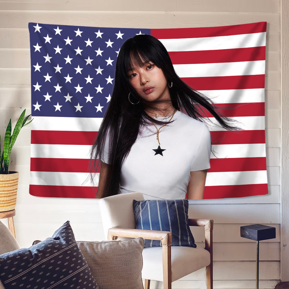 Newjeans Hanni American Flag Wall Tapestry พร้อมคลิปโพลีเอสเตอร์ Tapestries ตกแต่งบ้าน