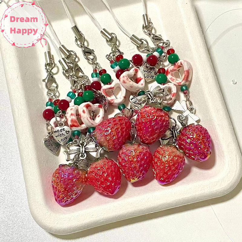 Dreamhappy ที่ไม่ซ้ํากันหวานสตรอเบอร์รี่โทรศัพท์ Ch จี้น่ารักโบว์หัวใจลูกปัดพวงกุญแจกล้องกระเป๋านักเรียนอุปกรณ์ตกแต่งของขวัญ TH