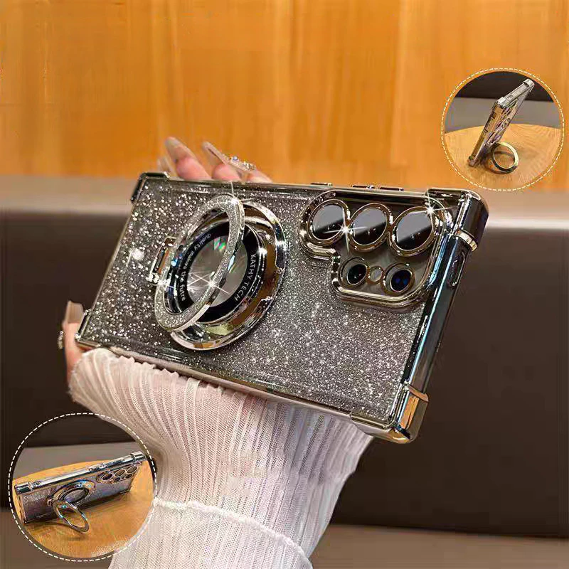 Electroplated สี่มุมป้องกันแม่เหล็กเงาเคสโทรศัพท์สําหรับ Samsung S26 S25 S24FE S24 S23 Ultra S23FE S22 หมายเหตุ 20 A37 A57 ปลอกกันกระแทกปกแข็งโปร่งใส