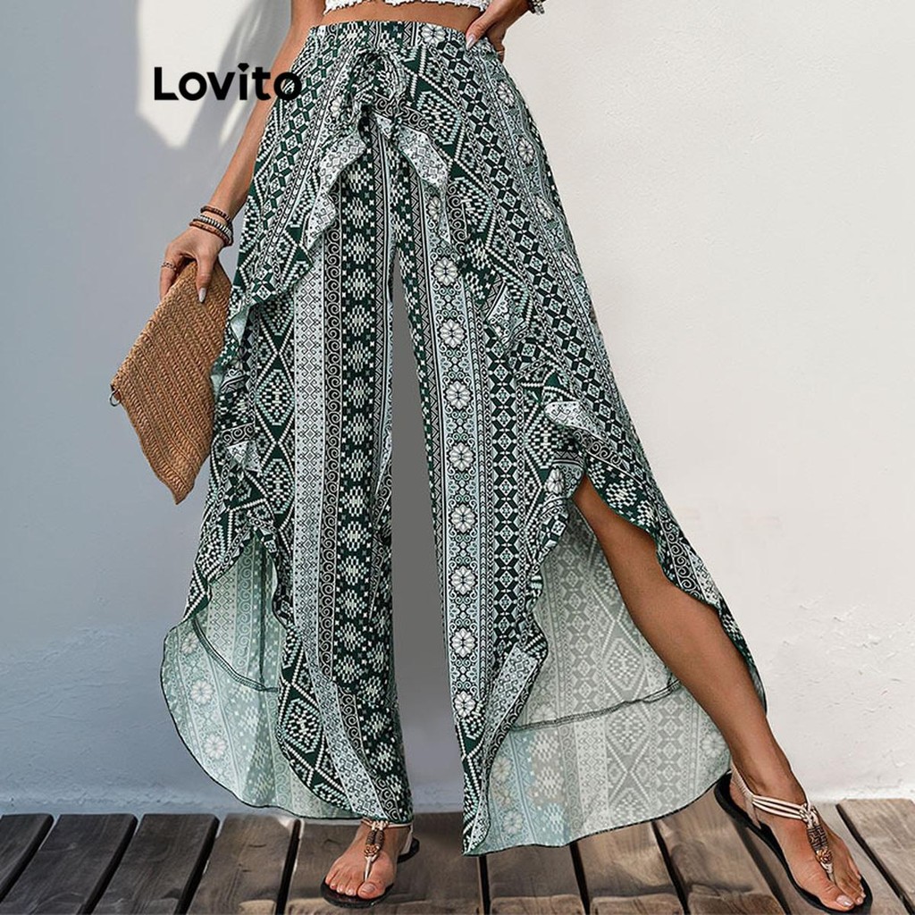 Lovito กางเกงเรขาคณิตผ่าหน้า โบโฮ เพสลีย์ แยก สำหรับผู้หญิง LNE73389