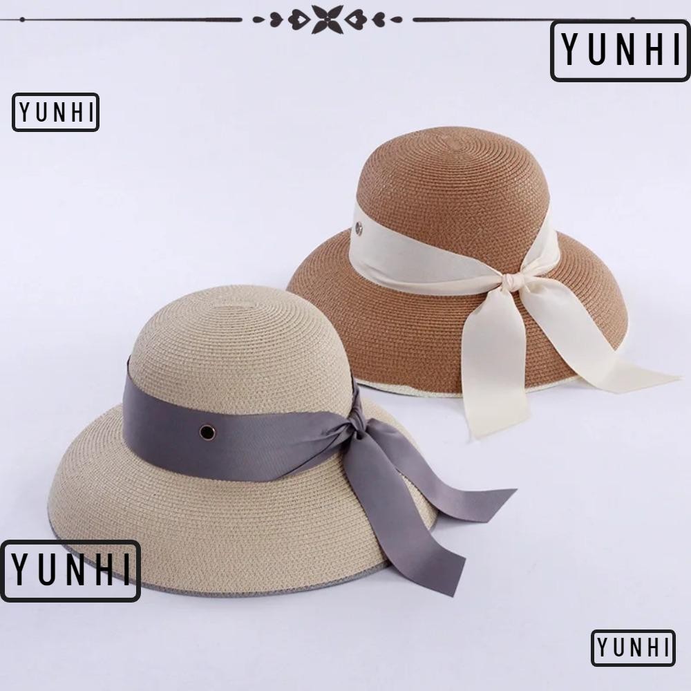 Yunhi ผู้หญิงหมวกหมวกชายหาด,ครีมกันแดด Bow Hepburn สไตล์หมวก,ฤดูร้อนกันน้ําสวมใส่บังแดดบังแดดหมวกชาวประมงกลางแจ้ง
