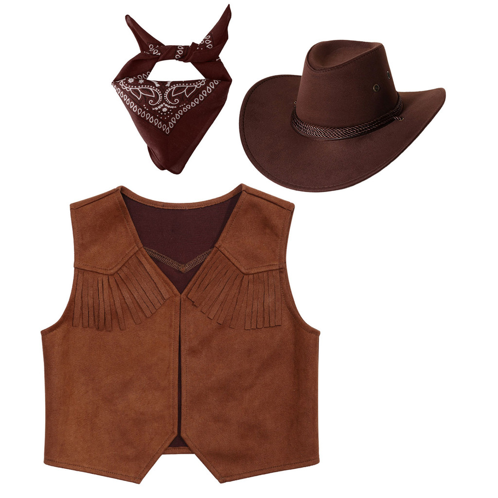 Yhong Kids Western Wear เสื้อกั๊กเสื้อกั๊กสีน้ําตาลพร้อมหมวกคาวบอยสักหลาดและชุดผ้าพันคอสําหรับแต่งกายงานปาร์ตี้
