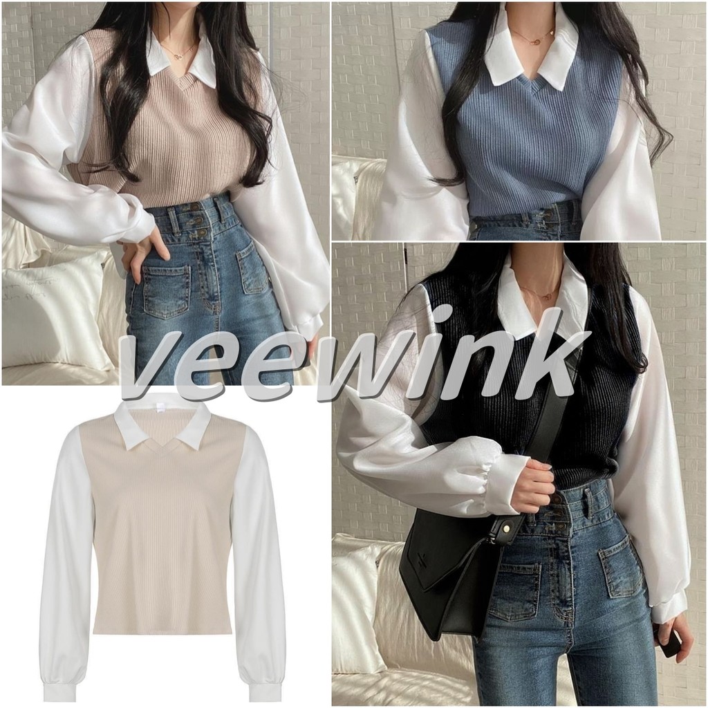 Veewink เสื้อแขนยาว ทรงหลวม สไตล์เกาหลี ผ้าเรย่อน สําหรับผู้หญิง
