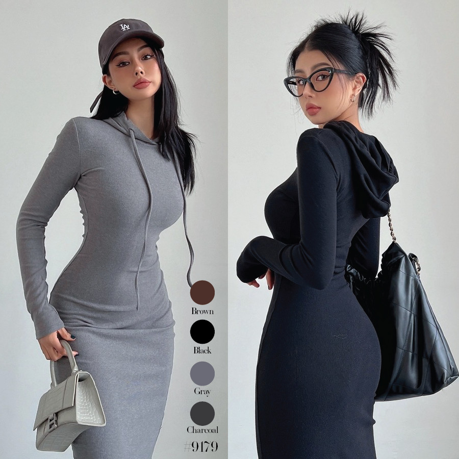 แมกซี่เดรสแขนยาวมีฮู้ด สีพื้น ใส่ทำงาน กันหนาวได้ ผ้านิ่ม ใส่สบาย สไตล์สาวฮิปสเตอร์สุดชิล #9179