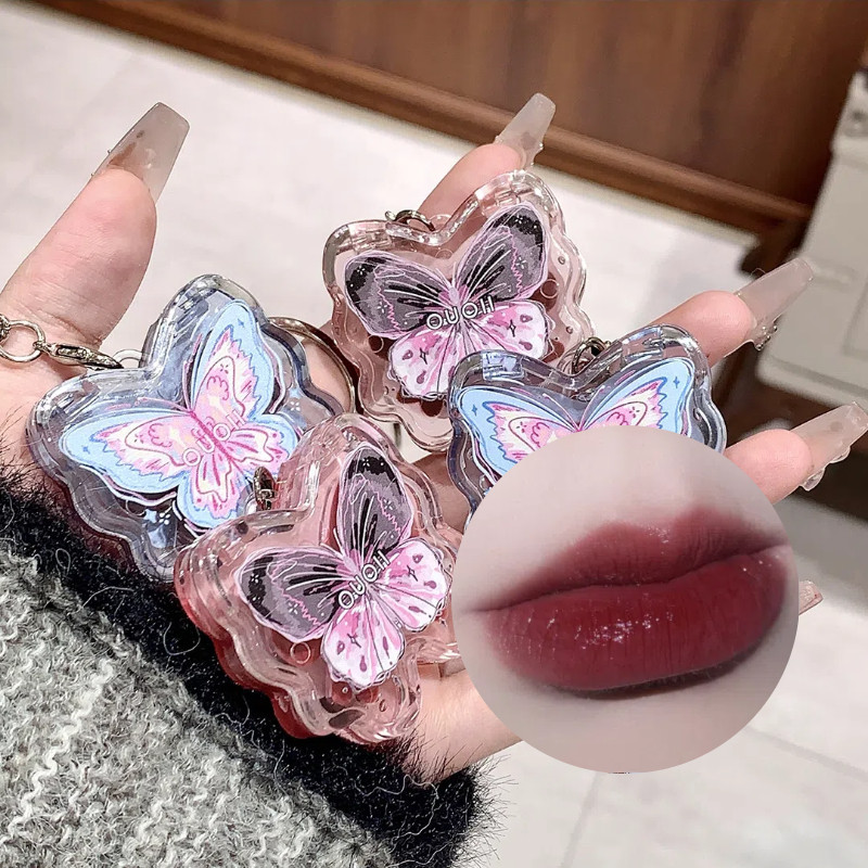 Ouoii Butterfly Solid Lip Gloss Lip Glaze Student Moisturizing Lipstick with Lip Brush