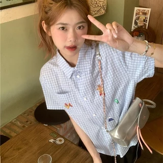 🌻Grace🌻 เสื้อแขนสั้นลายหมีน่ารัก เสื้อลายสก๊อตสีฟ้า ผ้าคอตตอนสวมใส่สบาย เสื้อผ้าสไตล์เกาหลี W439