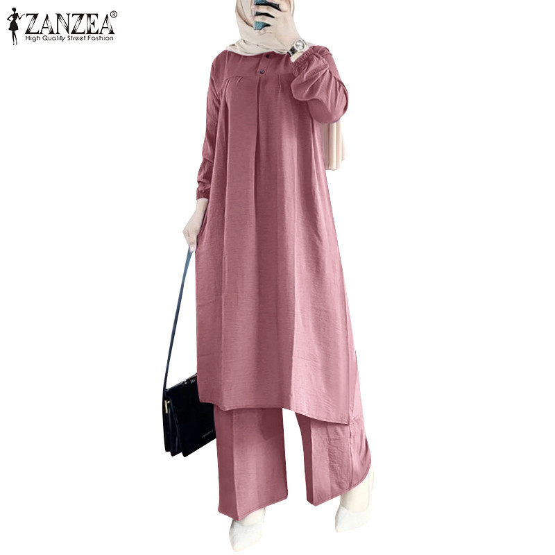 ZANZEA ซานเซีย ผู้หญิงมุสลิมลําลองเต็มแขนความยาวข้อเท้า โอ-คอสีทึบชุด