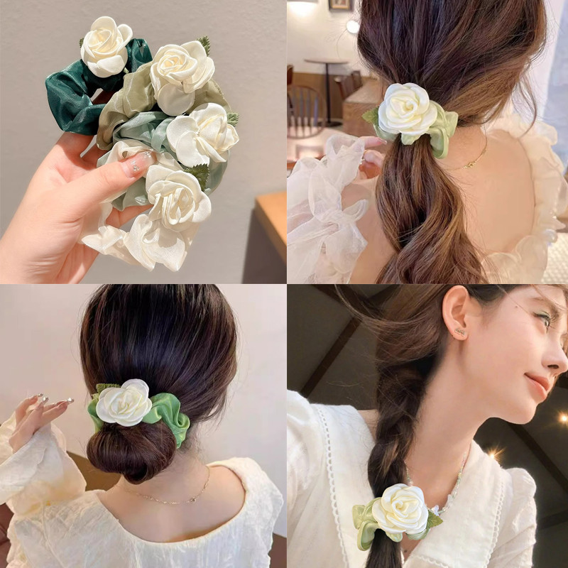 4 สี Elegant Rose ดอกไม้ Scrunchies ผู้ถือผมหางม้าผม Ties Headwear เครื่องประดับผม