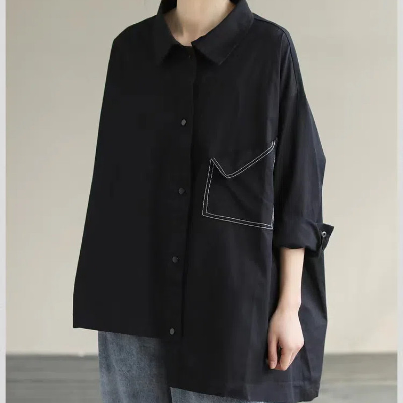 เสื้อเบลาส์ขนาดบวกสวมใส่ได้ 90กก. หลวมสีทึบแขนยาวผ้าฝ้ายลินินสีขาวสีดำรุ่นยาวผิดปกติTop เสื้อดำ
