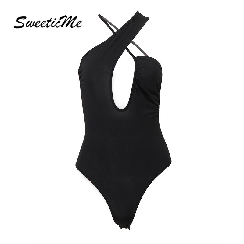 Sweeticme ผู้หญิง 2024 ใหม่แฟชั่นเซ็กซี่ Hollow Backless บอดี้สูทสีทึบไม่สม่ําเสมอ