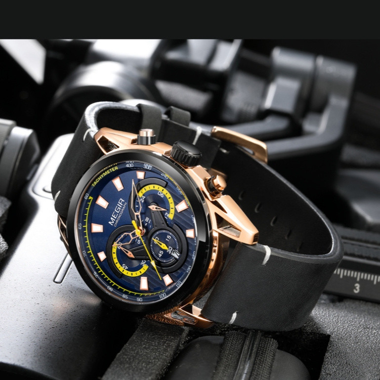 Megir 2135 นาฬิกาผู้ชาย Chronograph ทหารชายนาฬิกาแบรนด์หรูสีแดงแฟชั่นของแท้หนังคลาสสิก Man Sport นาฬ