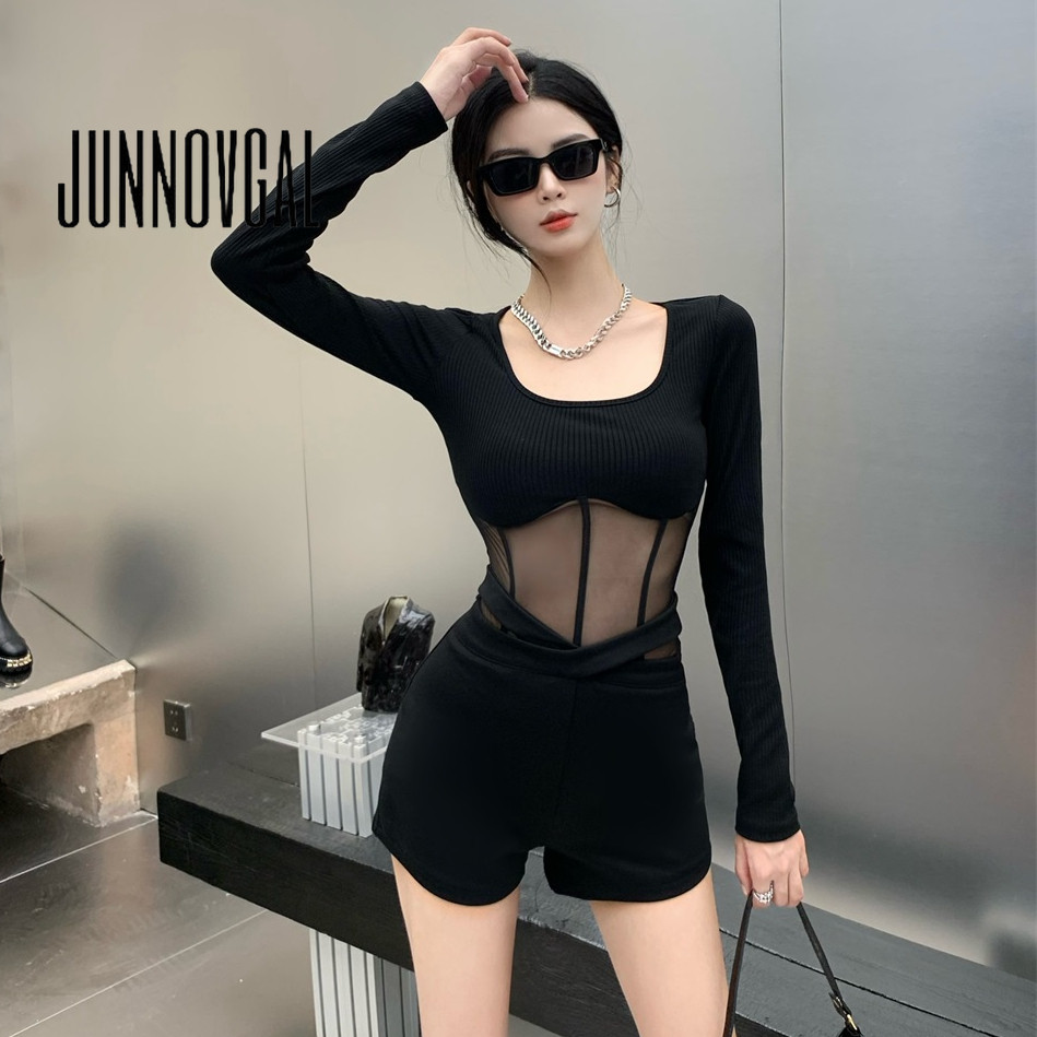 Junnovgal บอดี้สูทผู้หญิง Hollow Out โปร่งแสง U-neck 2024 แขนยาวสไตล์ใหม่