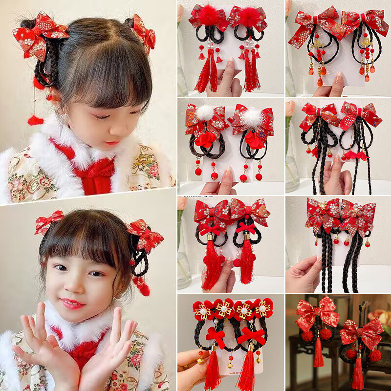 1คู่เด็กกิ๊บดอกไม้สีแดงเด็กสาวน่ารักโบว์โบว์เจ้าหญิงผม หมุด กับถักเปียออกแบบจีนอุปกรณ์ผม