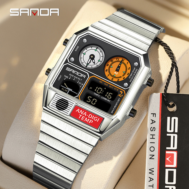 Sanda Retro อินเทรนด์ Punk Dual Display Luminous กันน้ําอิเล็กทรอนิกส์ควอตซ์นาฬิกาผู้ชาย SD3192-5