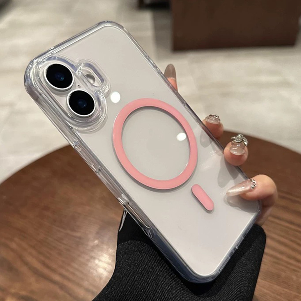 แม่เหล็กสีชมพูดูดบางเฉียบโปร่งใสปลอกเคสโทรศัพท์สําหรับiphone 16ProMax 16Pro 16 15ProMax 15Pro 15 14 13 12 11 Pro Maxปกหลังอย่างเต็มที่