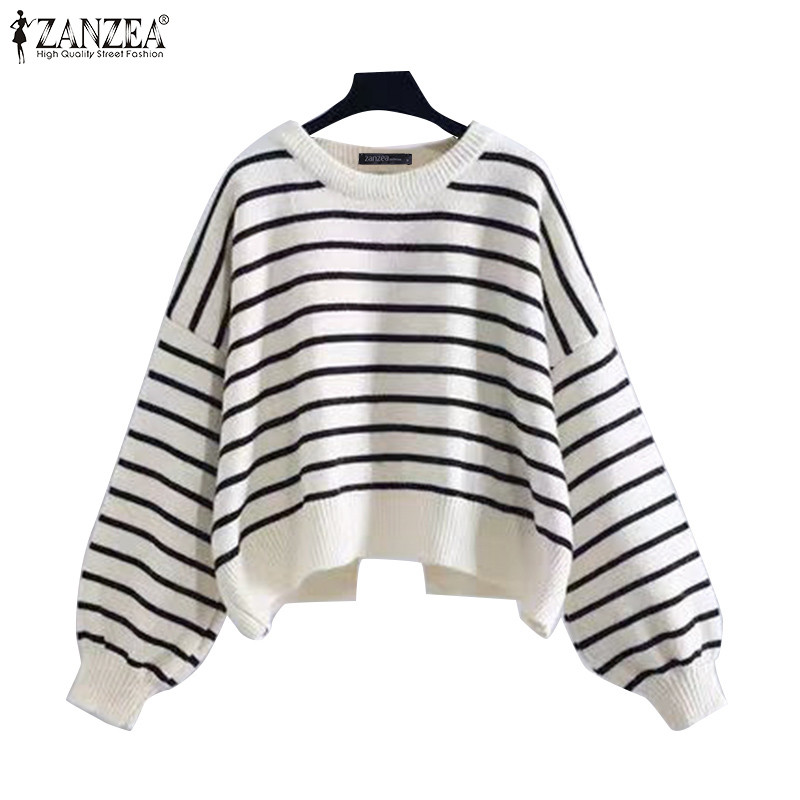 ZANZEA ซานเซีย ผู้หญิงเกาหลีลําลองลูกเรือคอเสื้อแขนยาวลายเสื้อสวมหัว