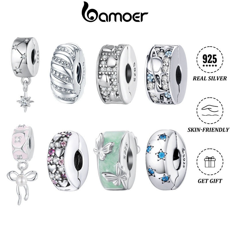 Bamoer คลิปหัวเข็มขัด 925 เงิน Charms เครื่องประดับแฟชั่น 4 มม. รูรับแสงลูกปัด Fit สร้อยข้อมือ
