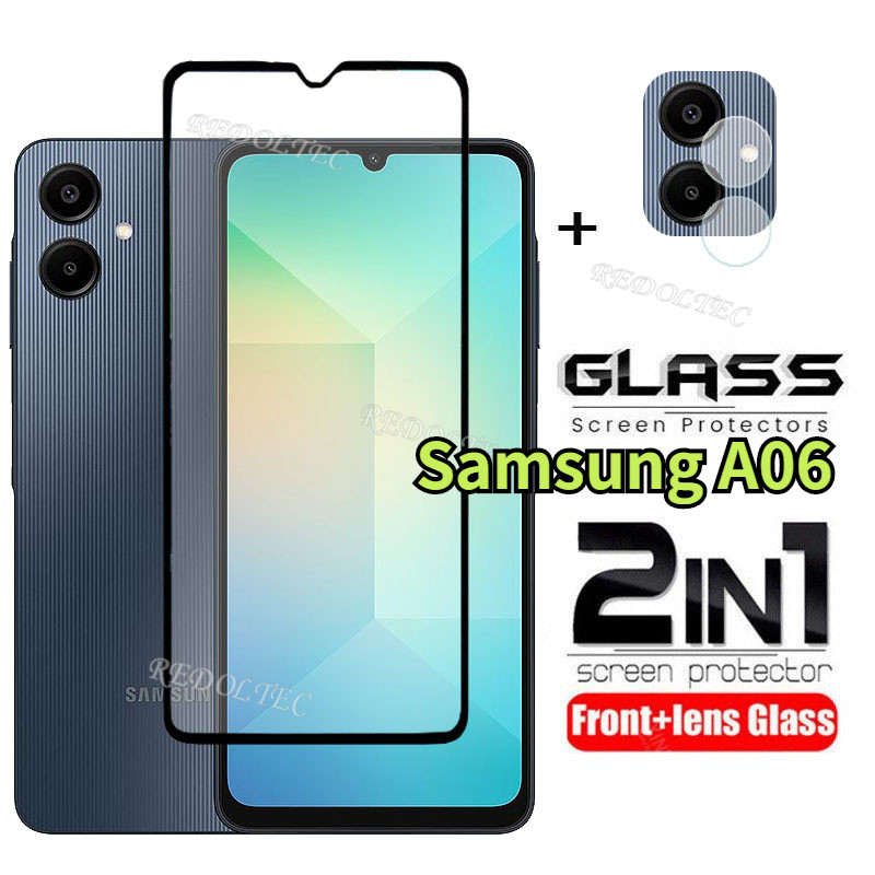 Samsung Galaxy A06 ฟิล์มกระจกนิรภัย 2 in 1 พร้อมตัวป้องกันหน้าจอและตัวป้องกันเลนส์กล้องคลุมเต็มกาว พร้อม Flim