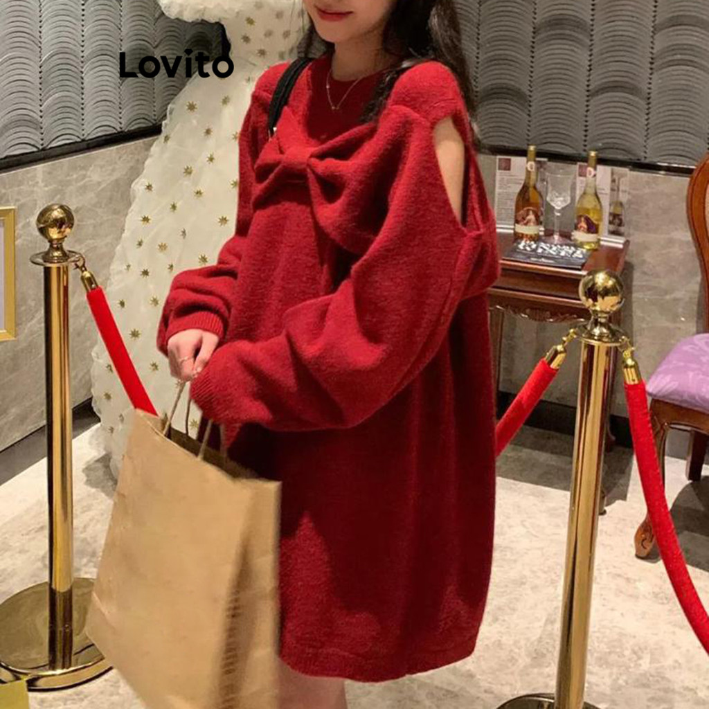 Lovito ชุดเดรสสเวตเตอร์โบว์ธรรมดาสำหรับผู้หญิง LNA79304