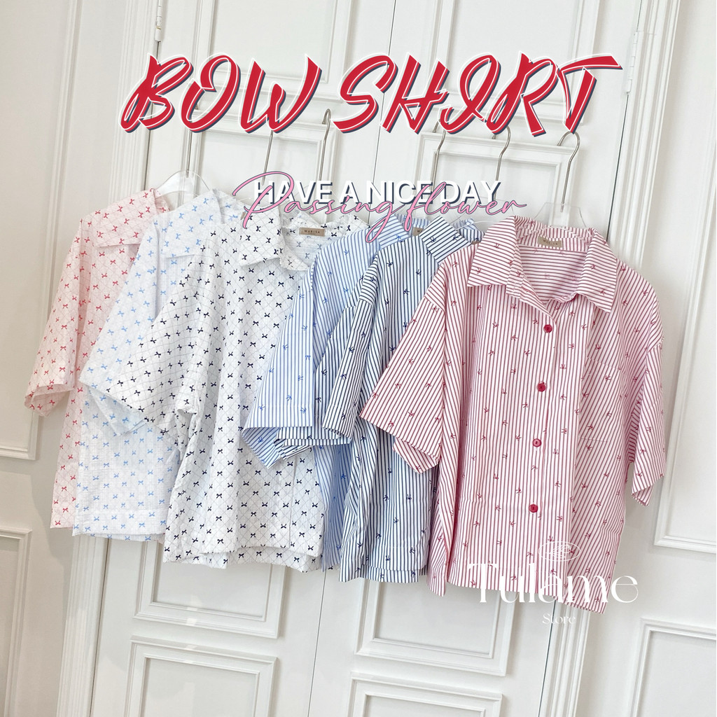 BowShirt เสื้อเชิ้ตแขนสั้น ทรงเบสิค ลายโบว์ น่ารัก อก52