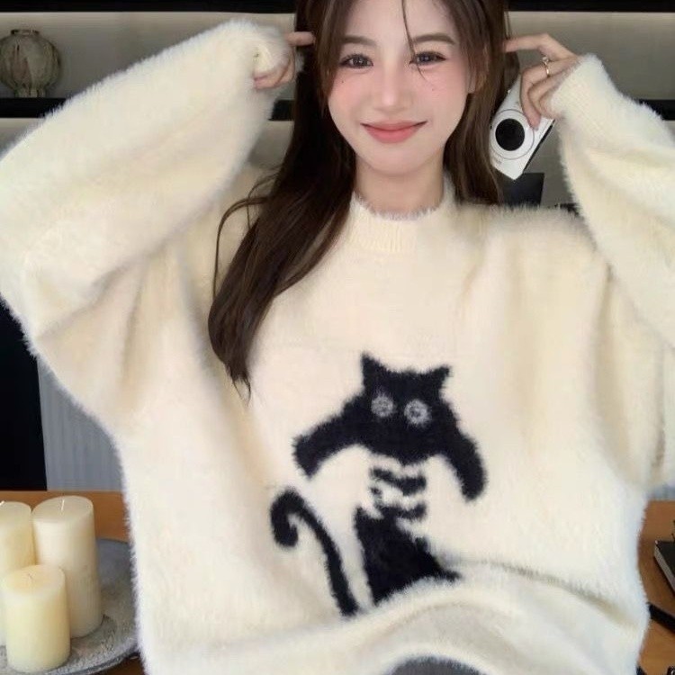 ขนมิงค์นุ่มน่ารักเสื้อ jacquard ทรงหลวมเสื้อไหมพรมนักเรียนแขนยาวสไตล์ชิวๆฤดูใบไม้ร่วงและฤดูหนาวตุ๊กตาแมวผู้หญิง87zw