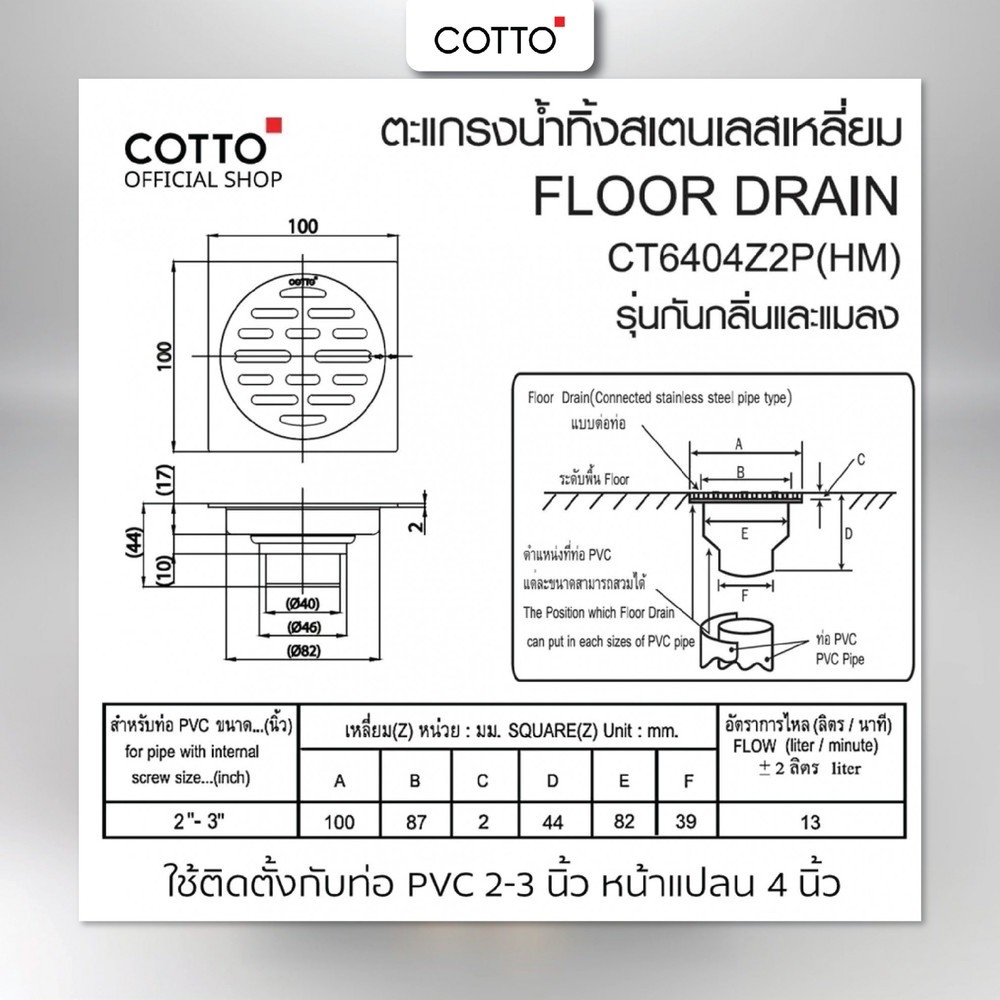 GlobalHouse COTTO ตะแกรงน้ำทิ้งสเเตนเลสเหลี่ยมหน้าแปลน 4 นิ้ว รุ่น CT6404Z2P(HM) สินค้าของแท้คุณภาพดี - รูปที่ 3