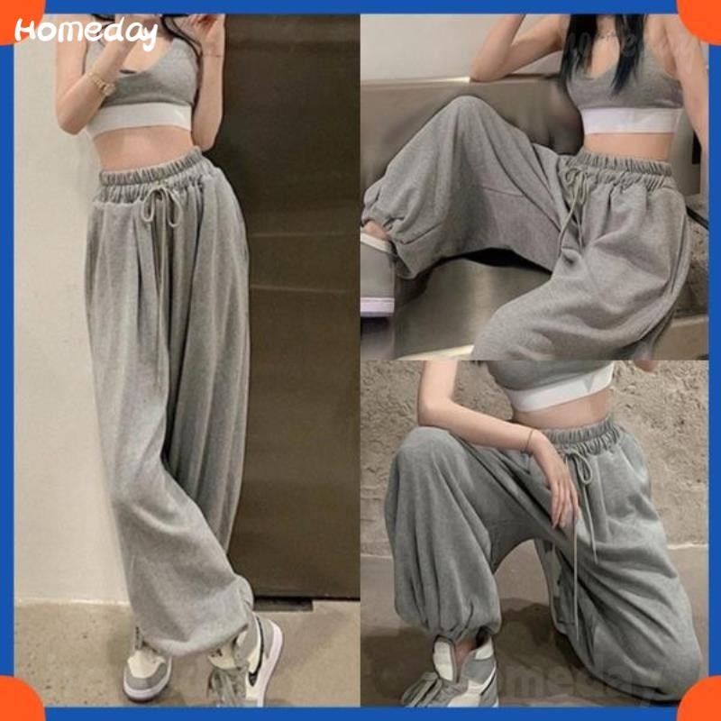 สีเทากางเกงขากว้างหลวม Sweatpants Oversize ผู้หญิง Sweatpants แฟชั่นกางเกงกีฬา Casual ข้อเท้ายาวกางเกงกว้าง - Udn