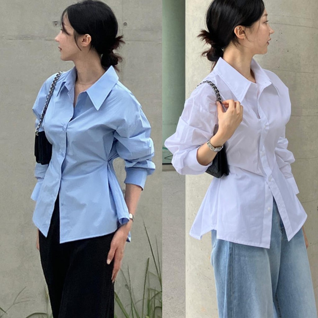 Lune_Grace เสื้อเชิ้ตเข้ารูปแขนยาว กระดุมหน้าคอปกสีพึ้น แฟชั่นผู้หญิงแนวเกาหลี-พร้อมส่งจากไทย-รุ่นw459