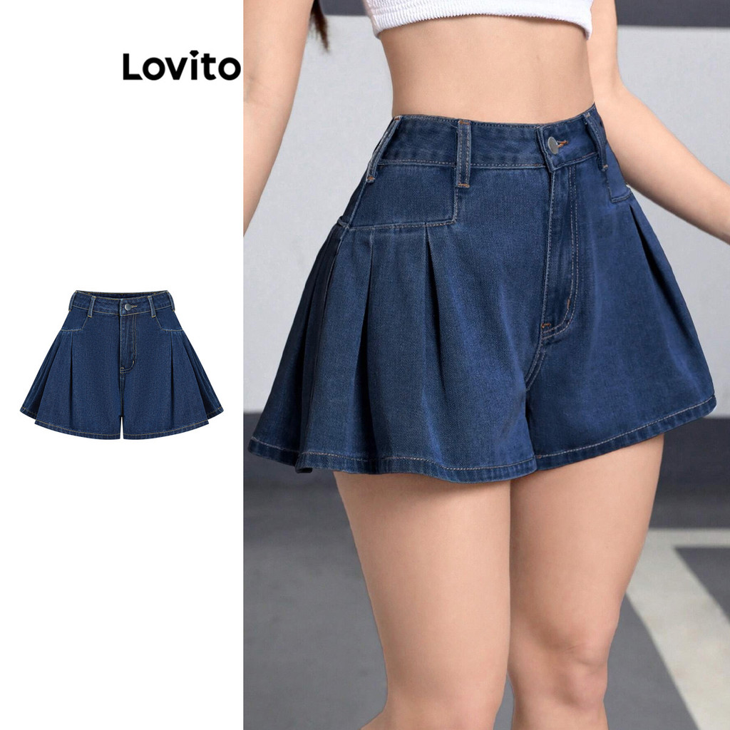 Lovito Whiskers Cat'S Whiskers ลำลองพลีทเดนิมกางเกงขาสั้นสำหรับผู้หญิง L99ED929