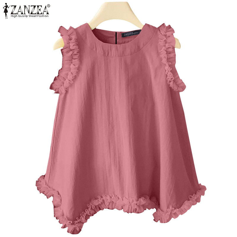Zanzea เสื้อกล้ามลูกไม้ทรงหลวมคอกลมลําลองเกาหลีสําหรับผู้หญิง