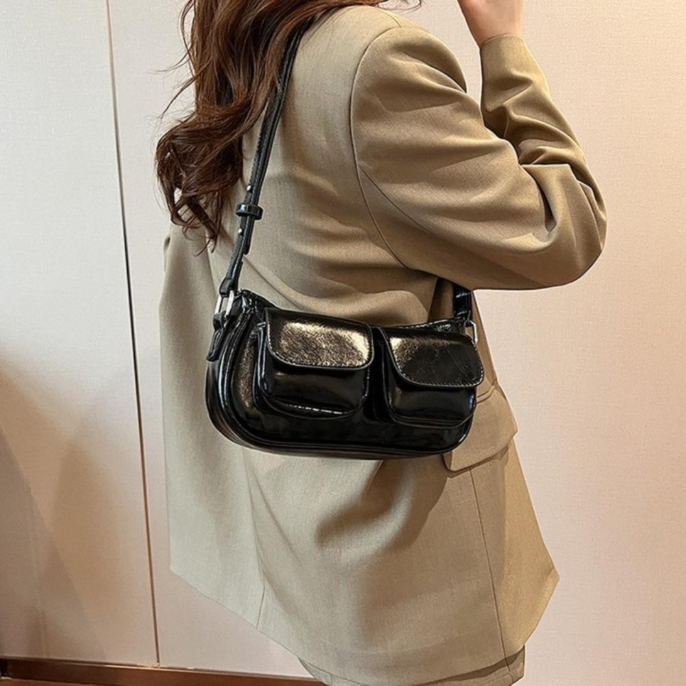 Sevenhalf กระเป๋าหนัง PU ใต้วงแขน, Y2K สายคล้องไหล่ปรับได้กระเป๋าสะพายกระเป๋า, Retro สีทึบซิปสไตล์เกาหลีผู้หญิงกระเป๋าถือกลางแจ้ง