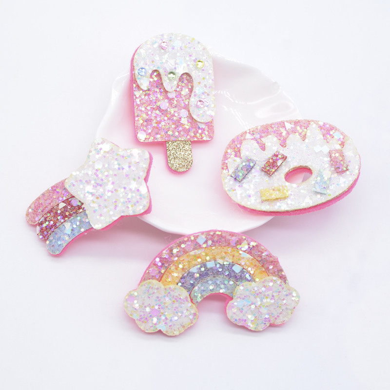 8 ชิ้น Glitter หนังดาวตก Rainbow ไอศกรีม Doughnut Applique สําหรับ DIY เสื้อผ้าหมวก Headwear กิ๊บติดผม Bow อุปกรณ์ตกแต่ง