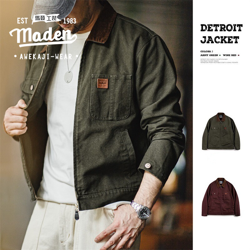 Retro workwear สไตล์ชายหนุ่ม 2025 ฤดูใบไม้ร่วงใหม่รายการ Tough Guy American heavyweight ผ้าใบ Detroit Jacket Tough Guy collar แจ็คเก็ตสั้น