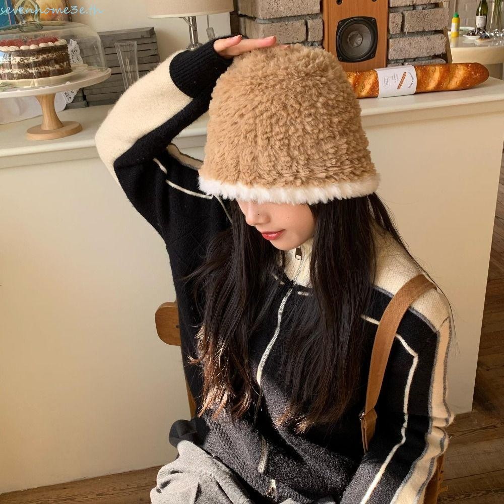 Sevenhome3e Faux Fur Bucket Hat, Warm Windproof Girls Bucket Hat, Fashion Outdoor Travel Y2K Lamb ขน
