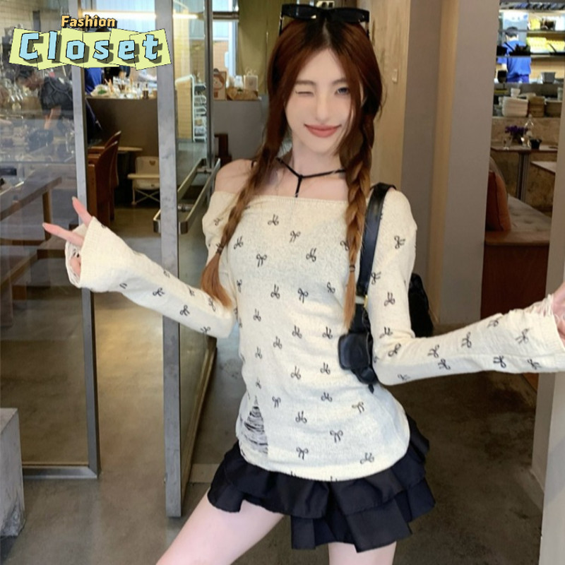 Cilset 🌸พร้อมในสต็อก🌸ผู้หญิง เสื้อไหมพรมแขนยาว คอกลม ดีเทลซีทรู ลายโบว์ /Y6526