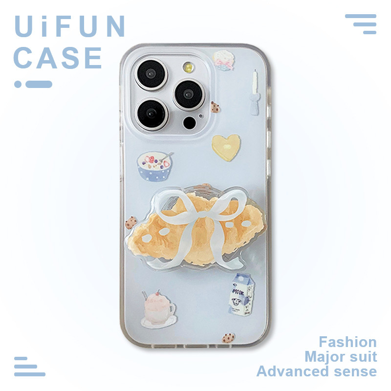 คุณภาพสูง Bowknot Croissant ขนมปัง Kickstand เคสโทรศัพท์สําหรับ iPhone 16 15 14 13 12 Pro Max iPhone16 IMD ปกหลัง Anti-scratch ปลอก