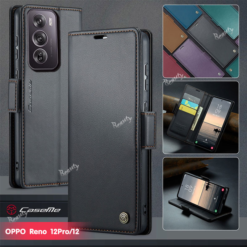 สําหรับ OPPO Reno 12 Pro 5G เคสโทรศัพท์ OPPO Reno12 Pro OPPO Reno12F 5G 4G ปลอกผู้ถือบัตรหนังป้องกันการโจรกรรมแปรงพลิกกระเป๋าสตางค์ขาตั้งคลุมทั้งหมดกันกระแทก Reno12Pro
