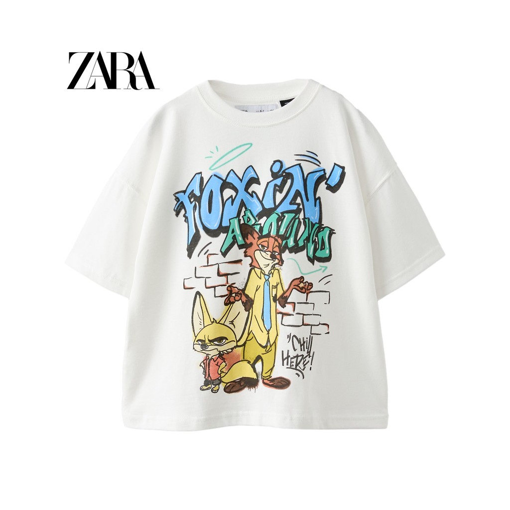 ZARRR เสื้อผ้าเด็กใหม่ Disney Zootopia Graffiti เสื้อยืดแขนสั้นพิมพ์ลาย