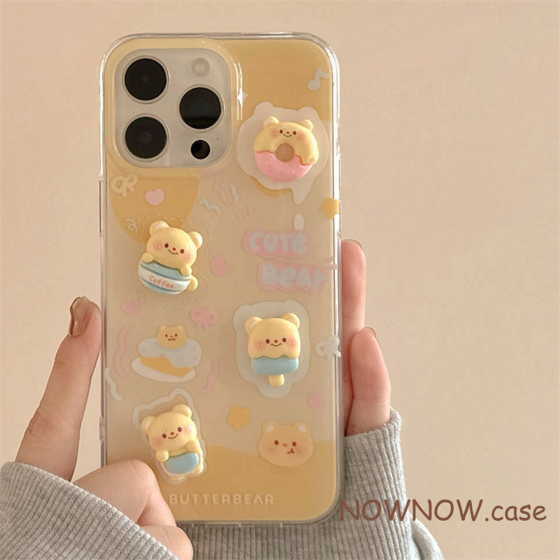 Iphone 16 15 14 13 12 11 Pro Max X XR Max 7 8 Plus INS น่ารักการ์ตูน 3D เนยตุ๊กตาหมีเคสโทรศัพท์ Soft