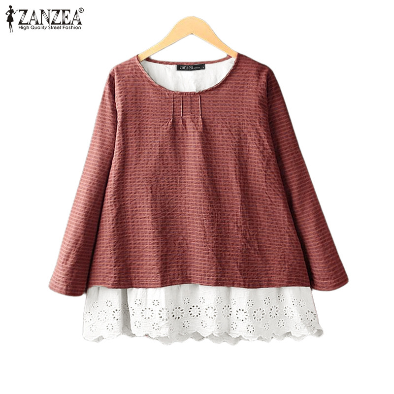 ZANZEA ใส่ ซานเซีย ผู้หญิงเกาหลีลําลองกลวงรอบคอแขนยาวเย็บปะติดปะต่อกันเสื้อ