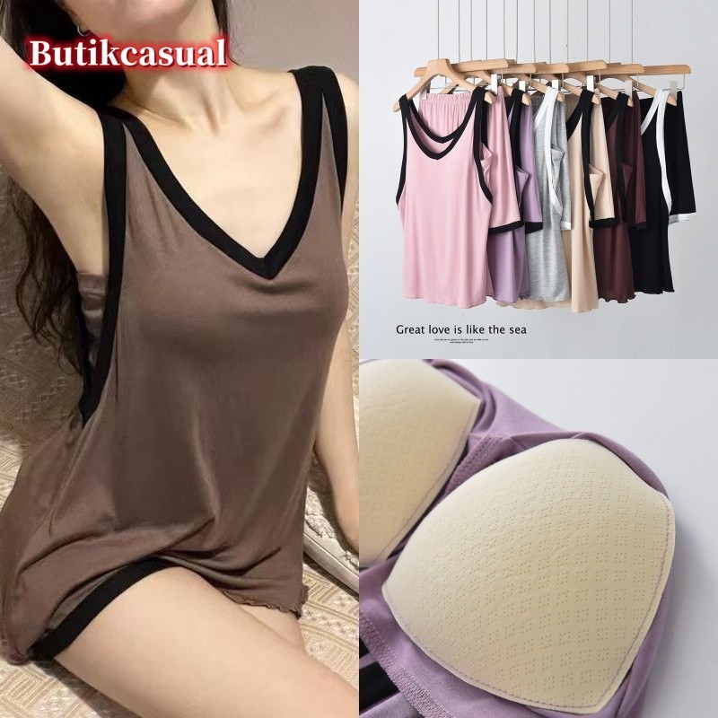ผู้หญิงฤดูร้อน ฟรี bra Cushioned ชุดนอน Anti Bulge Contrast เสื้อกล้ามกางเกงขาสั้น ชุด