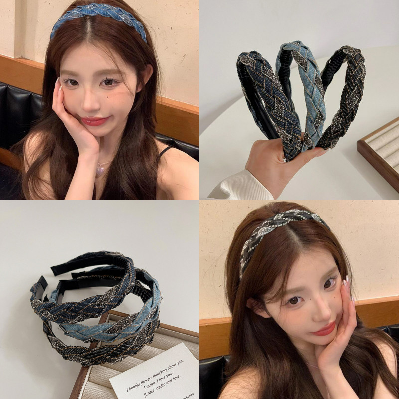 French Retro Denim Blue Rhinestone ห่อ Hairband ผู้หญิงs แฟชั่นเกาหลีแถบคาดศีรษะอุปกรณ์เสริมผม