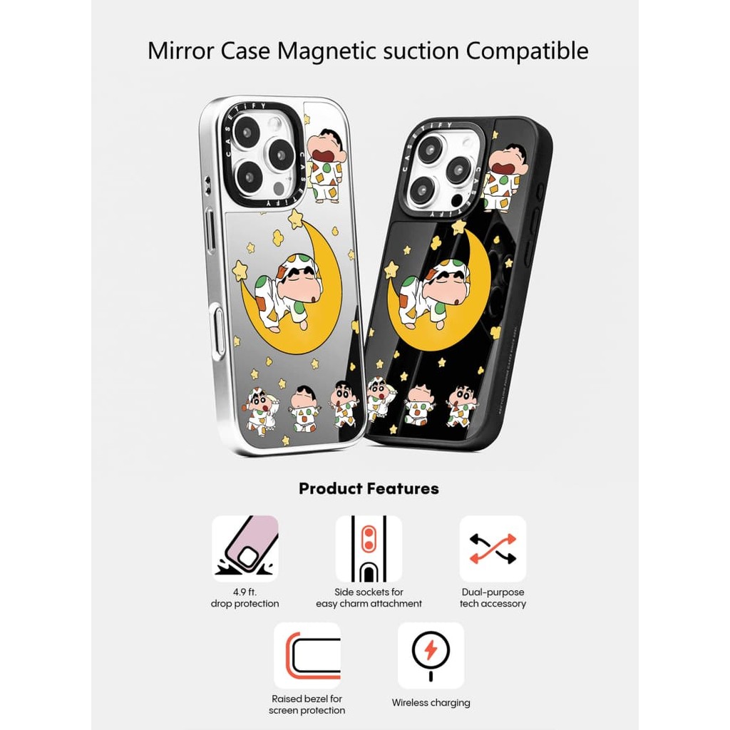 Casetify X Crayon Shin-chan Sleep แม่เหล็กดูด Black & Sliver กระจก IPhone กรณี IPhone 16 15 14 13 12 Pro Max Plus Hard กลับกรณีฝาครอบกล่องแกะสลักโลโก้