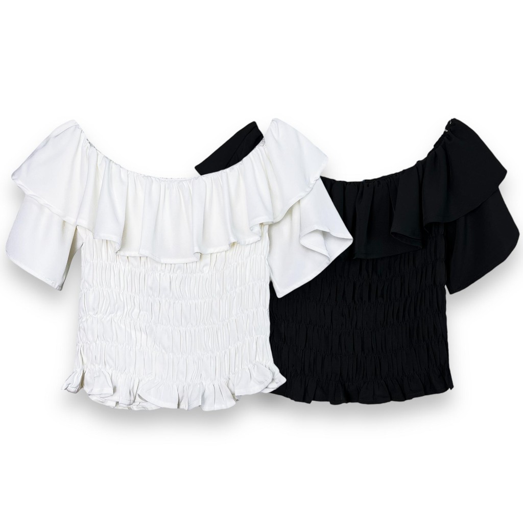 เสื้อผ้าผู้หญิง ปาดไหล่ สไตล์เกาหลี ระบายอากาศได้ดี ผ้าคอตตอน สีพื้น รุ่น 060814