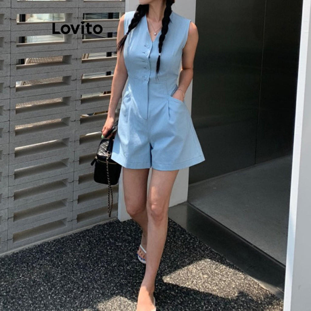 Lovito จั๊มสูทผู้หญิง กระดุมหน้า มีกระเป๋า สีพื้น สไตล์ลำลอง LNE30062 (สีฟ้า / สีน้ำเงิน)