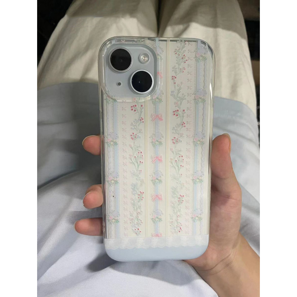 Imd สองชั้นสีฟ้าแนวตั้งรูปแบบดอกไม้เหมาะสําหรับ iPhone16/15promax Apple 14 เคสโทรศัพท์ 13 รวมทุกอย่าง 12 หญิง 11 นุ่ม/กันกระแทกกรณี YUW9