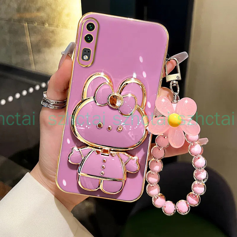 เคส Huawei P20 P30 P40 P50 PRO เคสโทรศัพท์ TPU 3D กระต่ายเครื่องสําอางกระจกแต่งหน้าขาตั้ง บางเฉียบ ชุบ กรณีอ่อนนุ่ม กรณีป้องกันการกระแทก พร้อมสร้อยข้อมือ